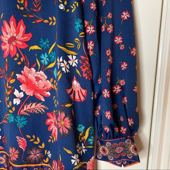 ❌DONATED❌ LOFT ANN TAYLOR Blue Silk Satin Floral Print Long Sleeve Shift Dress - Picture 5 of 8